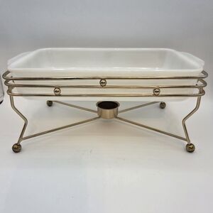 Vintage Fire King Milkglass Casserole with Brass Chafing Base Caddy